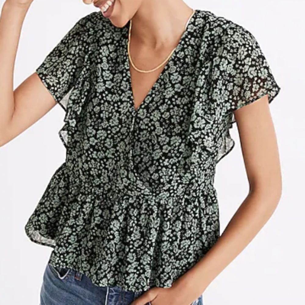 Madewell Georgette Ruffle-Sleeve Peplum Top Blouse  in Fleur Field XS
